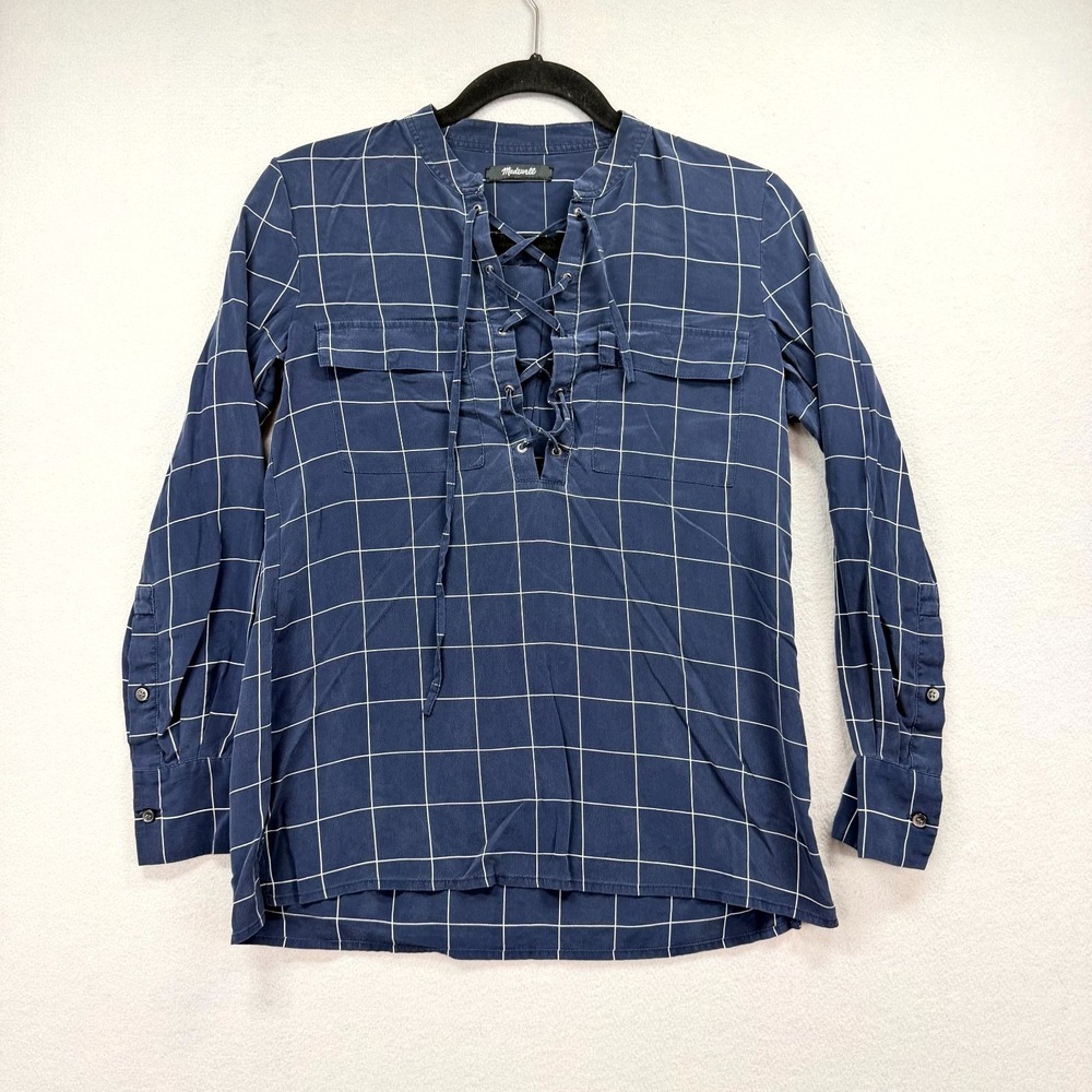 Madewell Blouse Top Womens Blue White Windowpane Plaid Silk Long Sleeve Lace Up